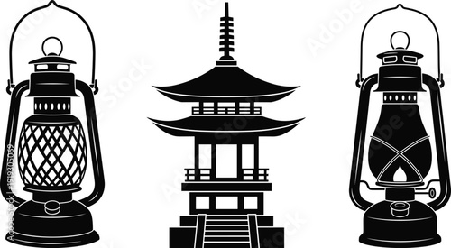 Vintage lantern and pagoda silhouettes collection, black and white cultural illustration set, traditional oriental architecture and lighting elements, elegant monochrome decorative design