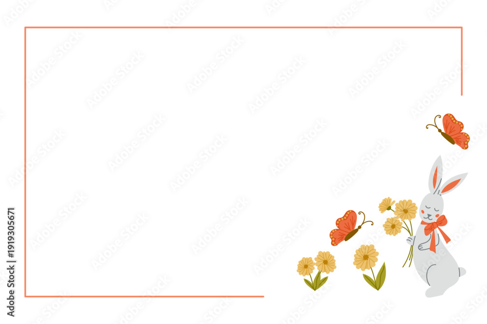 Fototapeta premium Easter frame with cute bunny holding flower and butterfly on light background. Spring greeting card template with copy space and holiday decoration concept