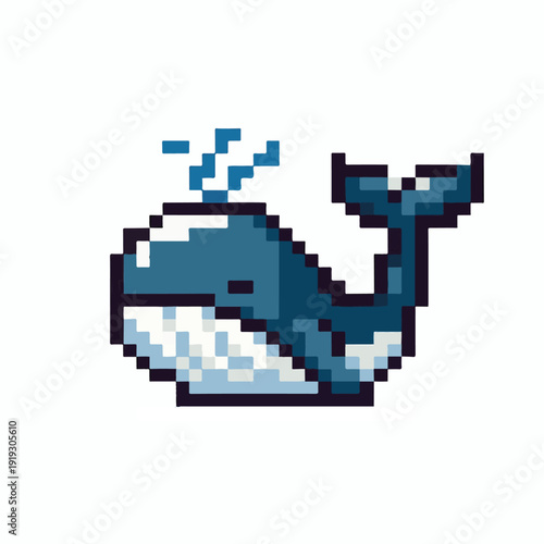 Pixel art illustration of a blue whale spouting water, a charming retro digital graphic