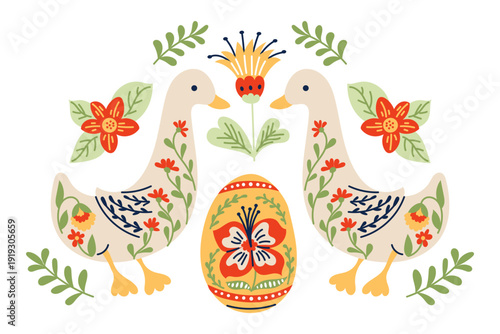 Folk easter composition with goose and decorated egg in floral ornament style. Traditional spring illustration with symmetry and holiday celebration concept