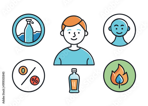 A person surrounded by various icons representing different activities and interests. isolated on white background, Vector