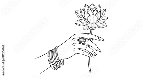 Elegant Hand Holding Delicate Lotus Flower Illustration.