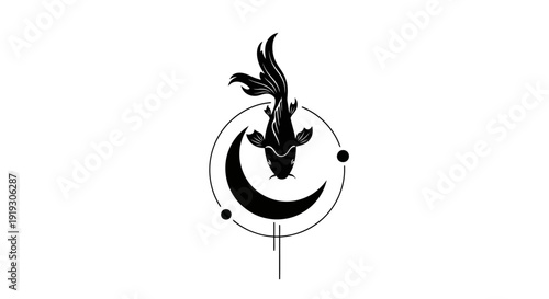 Mystical Black Fish and Crescent Moon Symbol.