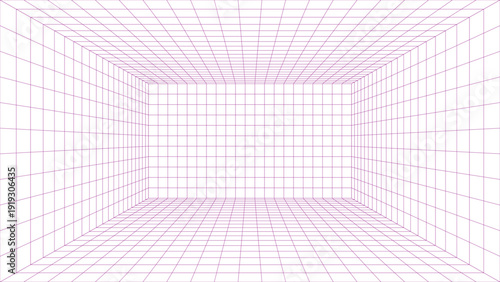 3d illustration of abstract digital tunnel of glowing purple wireframe rectangles creating a sense of infinite depth and perspective in a futuristic grid environment