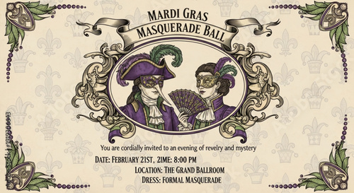 A colorful Mardi Gras masquerade ball invitation with elegant design