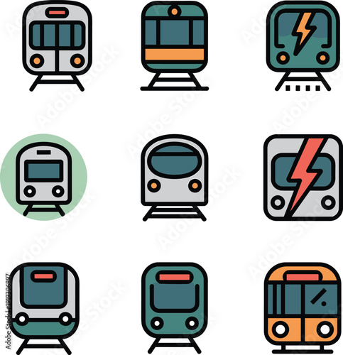 Modern Train Icon Set Collection Featuring Metro, Subway and Electric Railway Symbols in Flat Line Style for Transportation, Public Transit and Urban Mobility Design