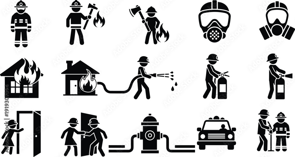 Obraz premium Firefighter emergency response icons illustration set, safety rescue vector graphics, firefighting equipment design concept, disaster prevention art, black and white flat collection