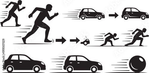 Man running and pushing car silhouettes in motion sequence