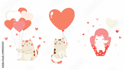 Cute cats with heart shaped balloons and confetti a loving illustration