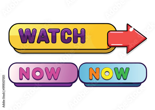 Vibrant arrow sign with the words watch now in bold letters. isolated on white background, Vector
