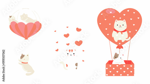 Adorable cats travel in heart shaped balloons with falling hearts