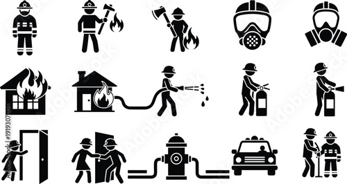 Firefighter emergency response icons illustration set, safety rescue vector graphics, firefighting equipment design concept, disaster prevention art, black and white flat collection