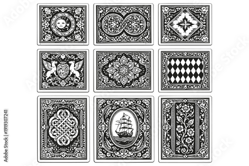 collection of vintage ornamental designs for card backs - black and white
