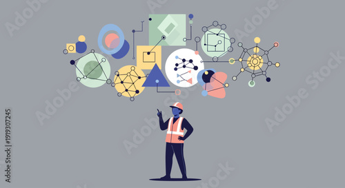 Engineer analyzing various industrial and scientific diagrams and charts.
