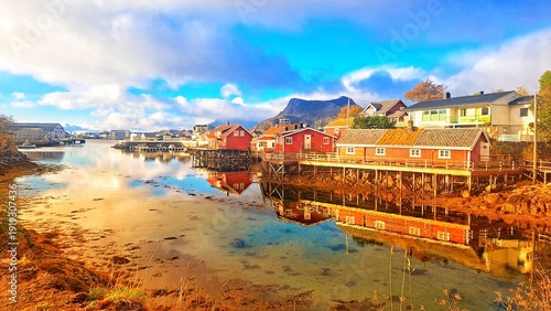 Vászonkép Svolvær waterfront cabins reflected on calm arctic water, Lofoten islands, Norwa