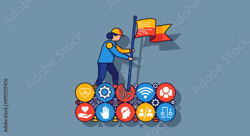Person climbing ladder with social media icons at the base.