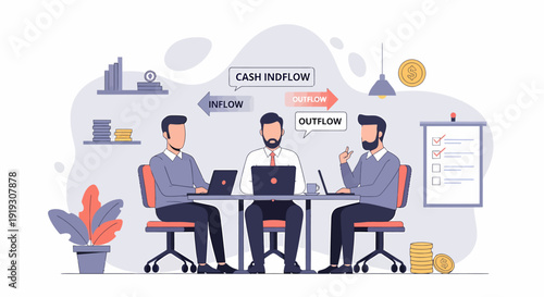 Three business people collaborating in a meeting analyzing cash inflow and outflow for financial growth.