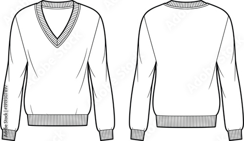 Technical fashion sketch of a v-neck long sleeve sweater, front and back view, apparel design template