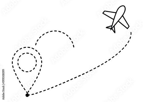 Aircraft trajectory map with a heart-shaped path and destination marker isolated on white background, Vector