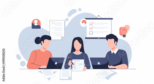 Three office workers collaborating at a desk with laptops and documents.