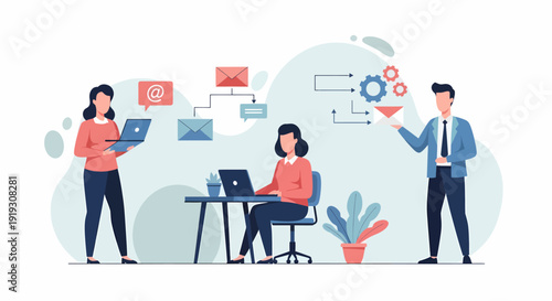 Three people working on laptops and managing business processes.