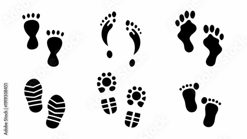 Various black footprints and paw prints arranged on a white background