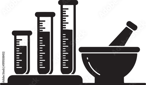 Black and white sketch of a mortar alongside several test tubes
