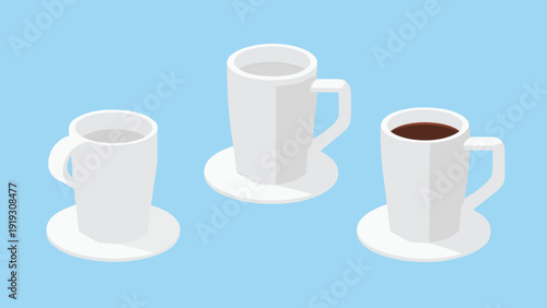 Isometric illustration of three white coffee cups on saucers