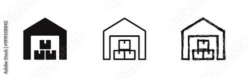 Warehouse and Logistics Storage Icon Set with Boxes in Various Styles.