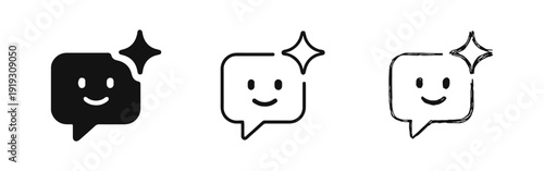Happy Chat Bubble with Sparkle Icon Set for Positive Communication and Feedback.