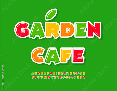 Vector Colorful signboard Garden Cafe. Funny Glossy Font. Bright Creative Alphabet Letters and Numbers set