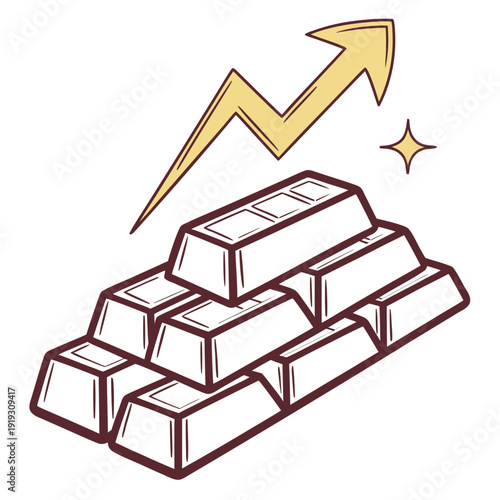Gold bars with rising arrow and star gold bullion minimalist white background