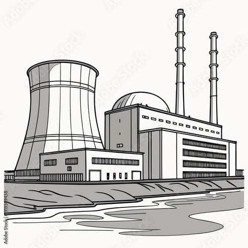 Hyper detailed of a coastal nuclear power plant cooling tower