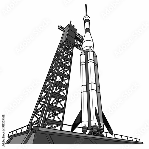 Grayscale rocket on launchpad with service tower spacecraft