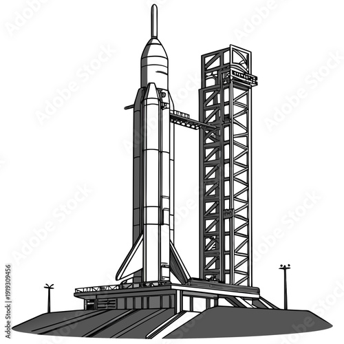 Grayscale of a rocket on a launchpad space monochrome
