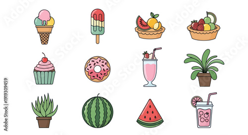 Colorful summer food and drink illustrations