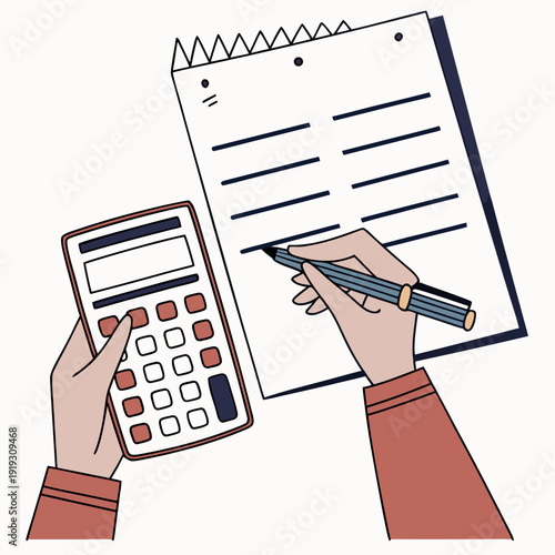 Hands holding calculator and pen with notepad budgeting