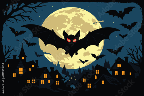 halloween night scene with haunted houses,bats and a large full moon