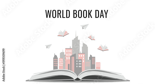 World Book Day vector illustration, open book with cityscape and flying papers, literacy celebration symbol. Created in modern flat style with pastel color palette.