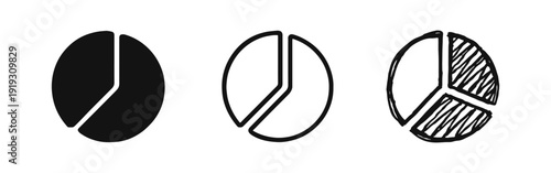 Pie Chart Data and Analytics Icon Set in Solid, Outline, and Hand-Drawn Styles.