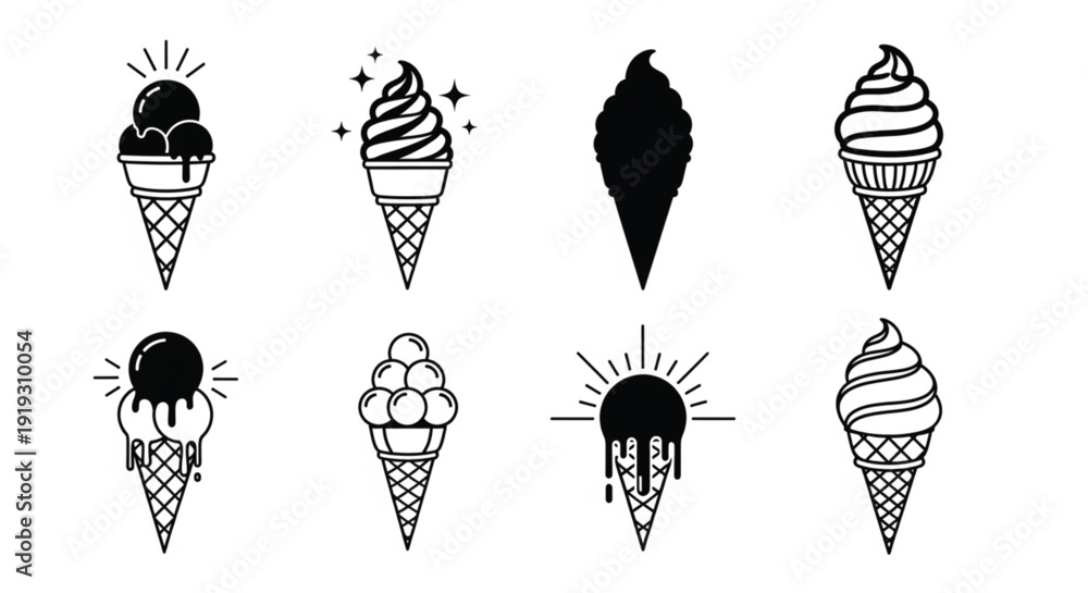 Fototapeta premium Bold black ice cream cone icon set with solid glyph style for restaurant menus and summer branding