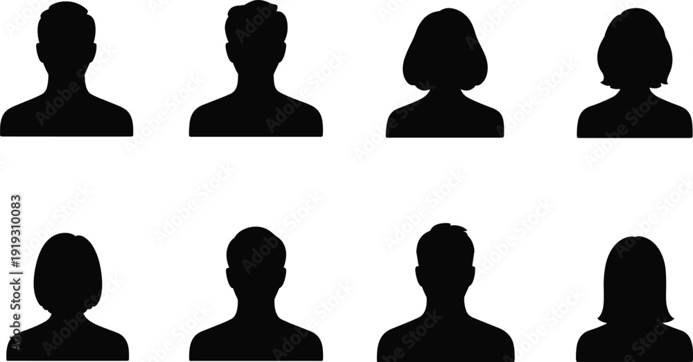 Ταπετσαρία Black Silhouette Headshots of Men and Women on White Background profile portrait
