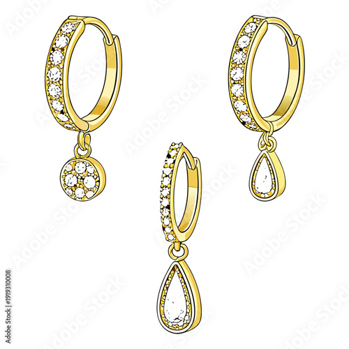 Gold hoop earrings with clear gemstones and dangling charms