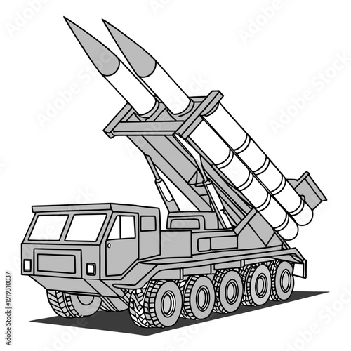 Gray missile launcher truck with two missiles vehicle