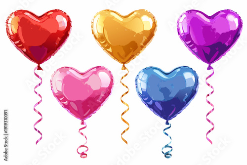 Colorful heart shaped balloons float against a plain white background