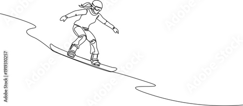continuous line drawing of female snowboarder, line art vector illustration