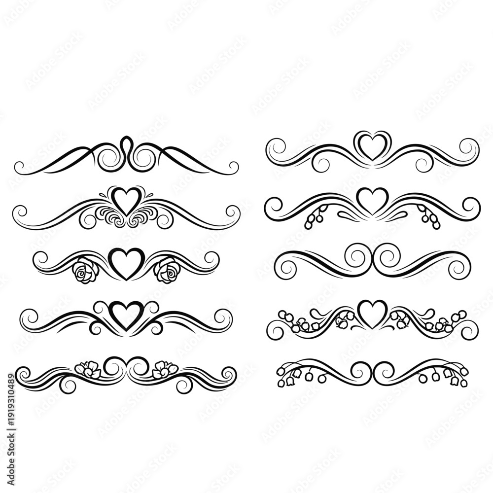 Obraz premium Set of black ornate heart designs with swirling patterns and floral elements