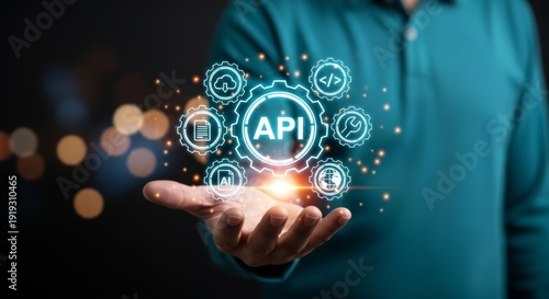 API Development and Integration Concept with Digital Gears and Tech Icons