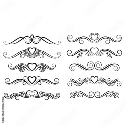 Set of black ornate heart designs with swirling patterns and floral elements