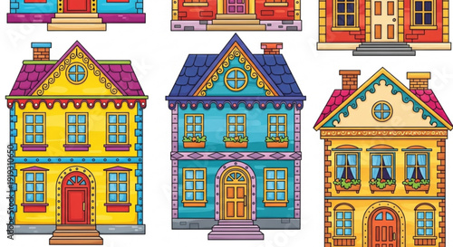 Colorful cartoon houses with various architectural details and vibrant facades on white background